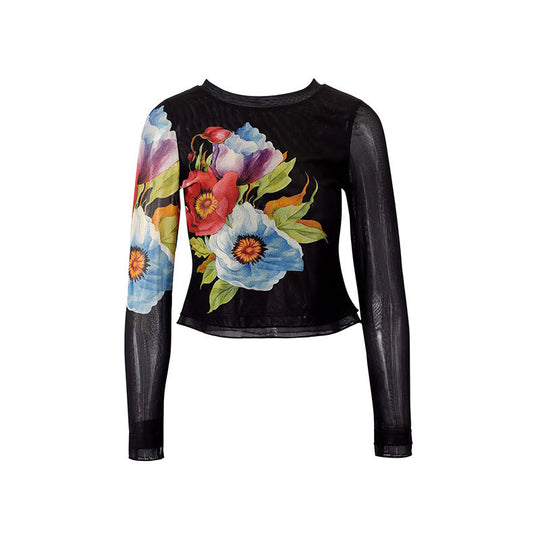 Damen Langarmshirt mit floralem Musterdruck und transparentem Stoff R&B