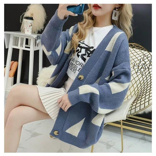 Damen lässige Strickjacke mit großflächigem Muster und praktischen Knopfdetails R&B