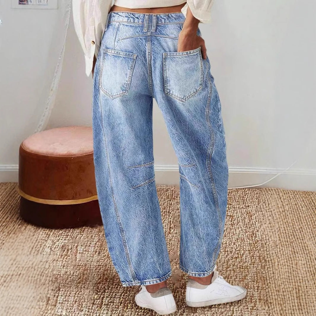 Damen weit geschnittene Denim-Jeans mit hohem Bund und modernen Designdetails R&B