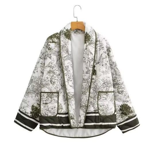 Damen leichte Steppjacke im botanischen Design mit großen Taschen R&B