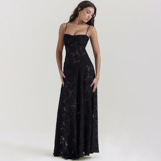 Damen elegantes Abendkleid mit feinen Spitzenverzierungen und Spaghettiträgern R&B