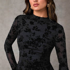 Damen nan figurbetontes Mesh-Minikleid mit floraler Samtflock-Verzierung, hohem Stehkragen und seitlicher Raffung R&B