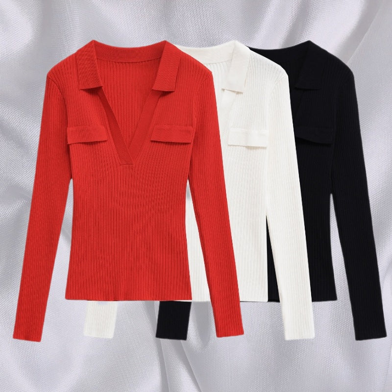 Damen Langarmshirt mit V-Ausschnitt und dekorativen Taschen R&B