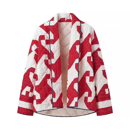 Damen gesteppte Jacke mit modernem Geometrie-Muster und offenem Schnitt R&B
