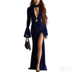 Damen Elegantes Samtkleid mit dramatischem Schlitz und Raffungen