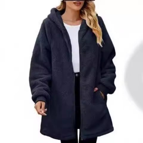Damen Kapuzenmantel aus kuscheligem Fleece mit großen Taschen und Reißverschluss R&B