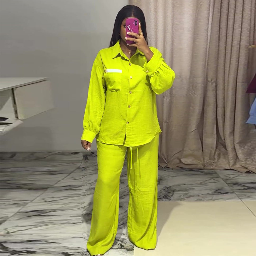 Damen lässiges Zweiteiler Set mit langärmeliger Bluse und weiten Hosen R&B