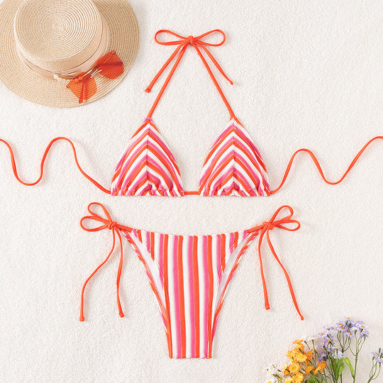 Damen Triangel-Bikini mit raffinierten Streifen und verspielten Schleifen R&B