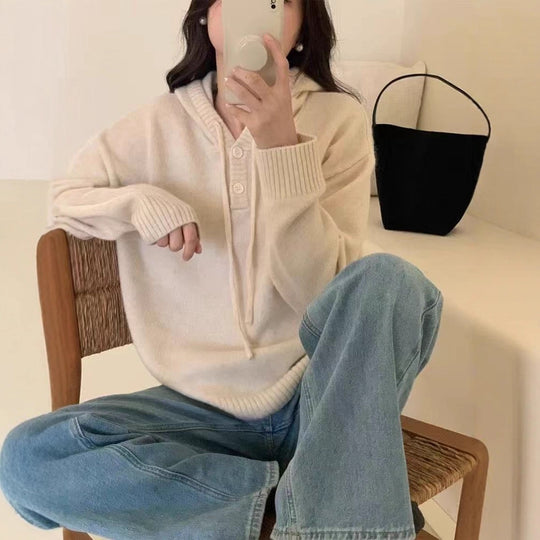 Damen Hoodie-Pullover mit Knöpfen und hohem Kragen R&B
