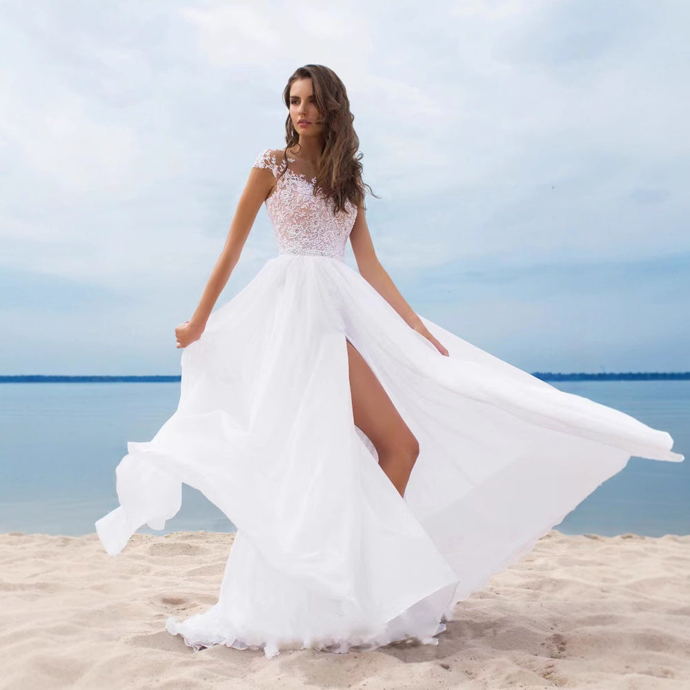 Damen Hochzeitskleid mit elegantem Spitzenoberteil und schwingendem Rock R&B