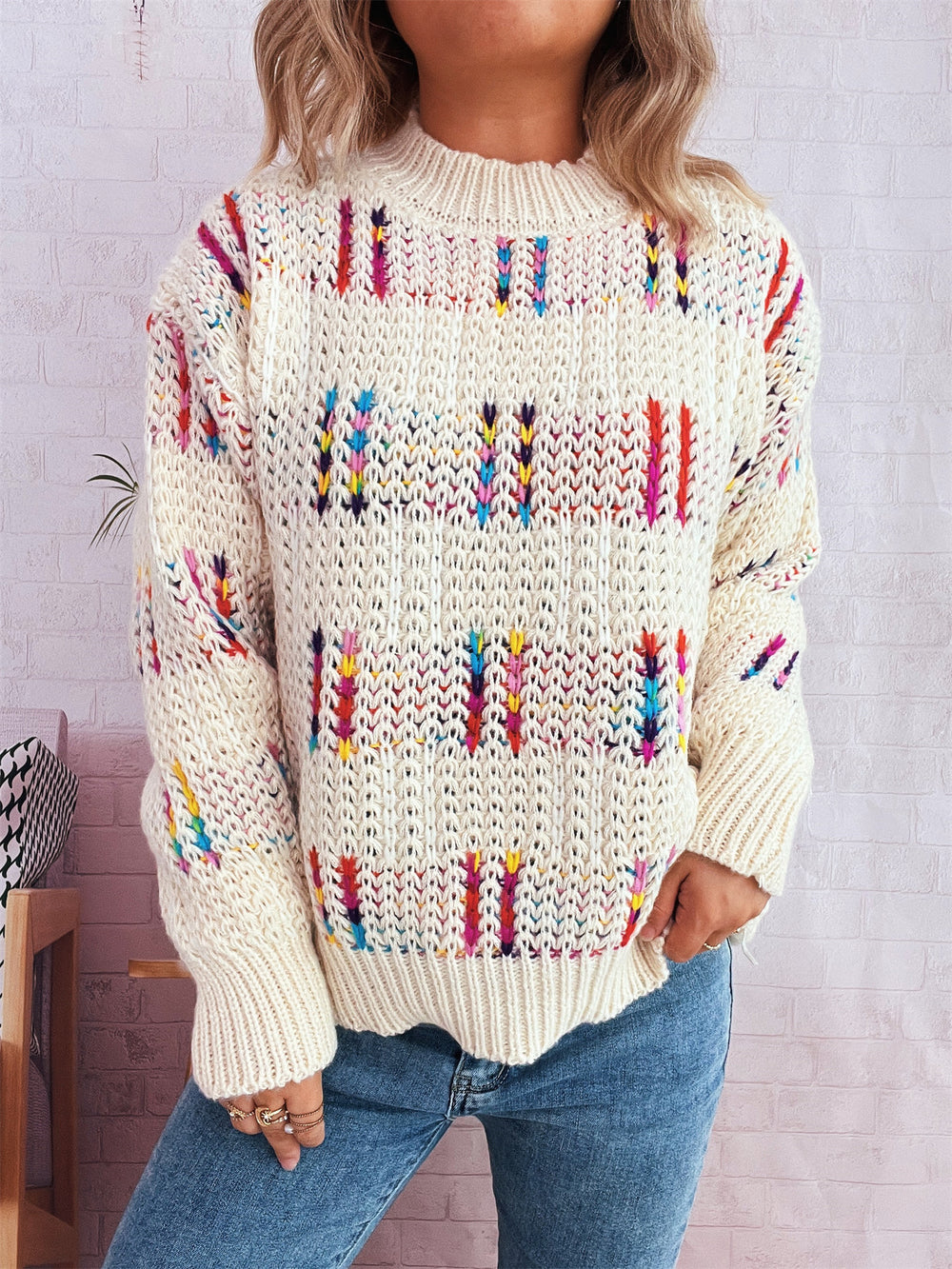 Damen lässiger Strickpullover mit vielseitigem Farbenspiel und hohem Kragen R&B