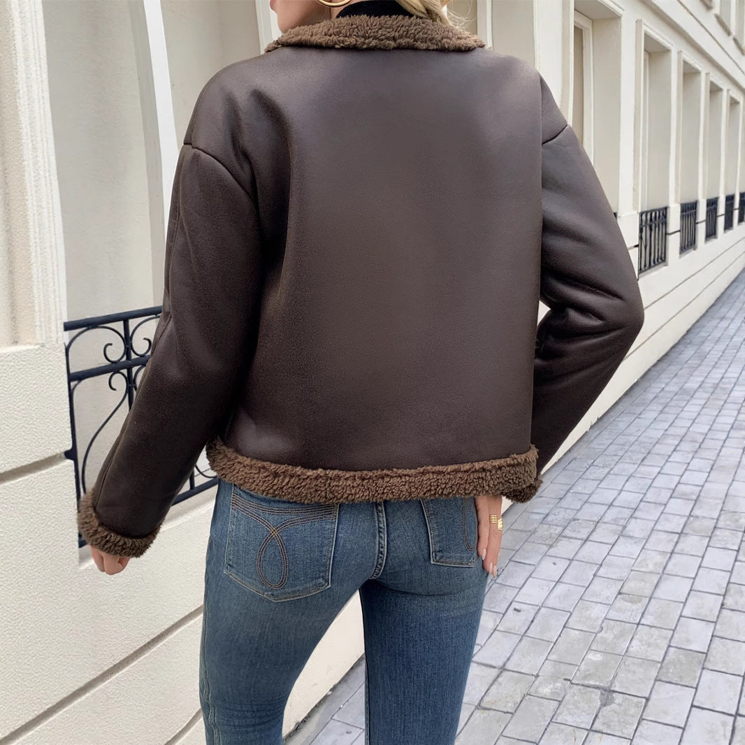 Damen Kurz geschnittene Texturjacke mit verdeckten Knöpfen und Taschen R&B
