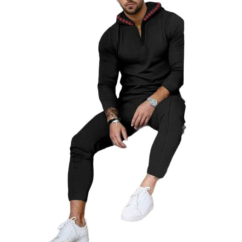 Herren nan Slim-Fit Waffel-Strick Kapuzen-Set mit Halbzip, kontrastgefütterter Kapuze und tapered Jogginghose R&B