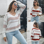 Damen V-Ausschnitt Strickpullover mit gestreiftem Design und lässigem Schnitt R&B