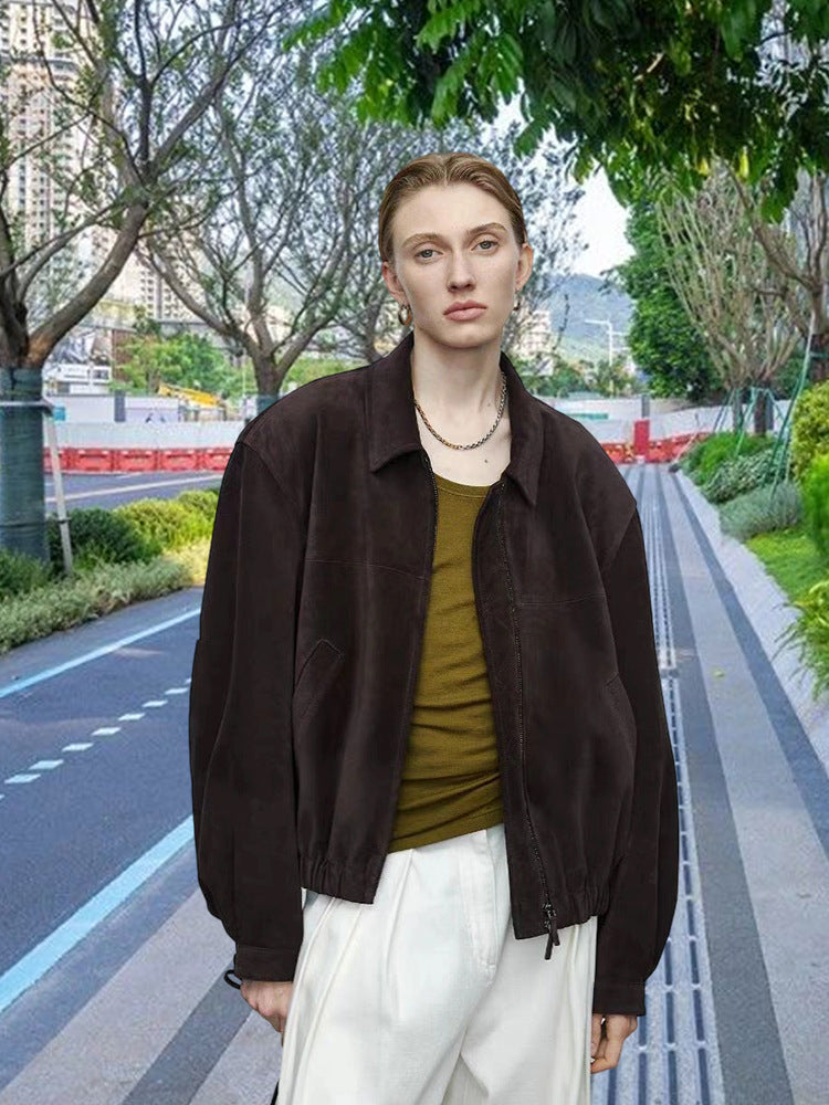 Damen Luxuriöse Wildlederjacke mit elastischem Bund und lässigem Schnitt R&B
