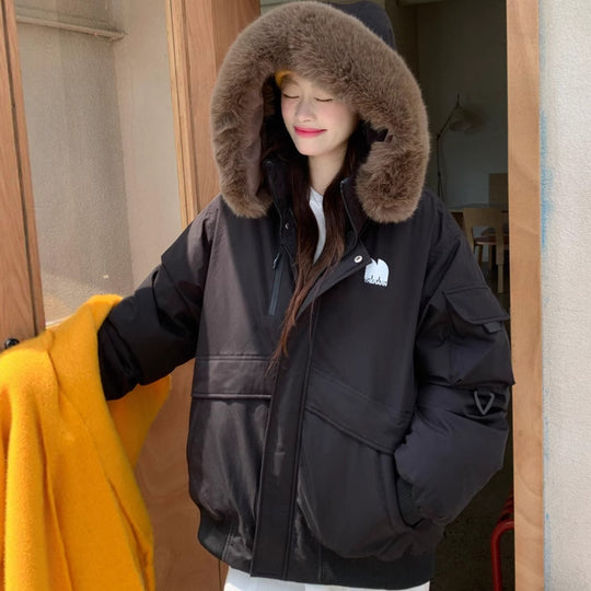 Damen Oversized Winterjacke mit abnehmbarem Kunstfellkragen und großen Taschen R&B