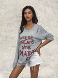 Damen lässiger Oversized Pullover mit auffälligem Schriftzug und Strick-Details