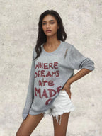 Damen lässiger Oversized Pullover mit auffälligem Schriftzug und Strick-Details