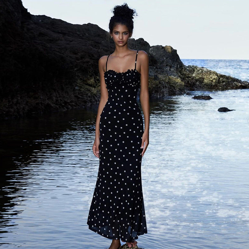 Damen Figurformendes Maxikleid mit elastischen Trägern und raffiniertem Punkte-Design R&B