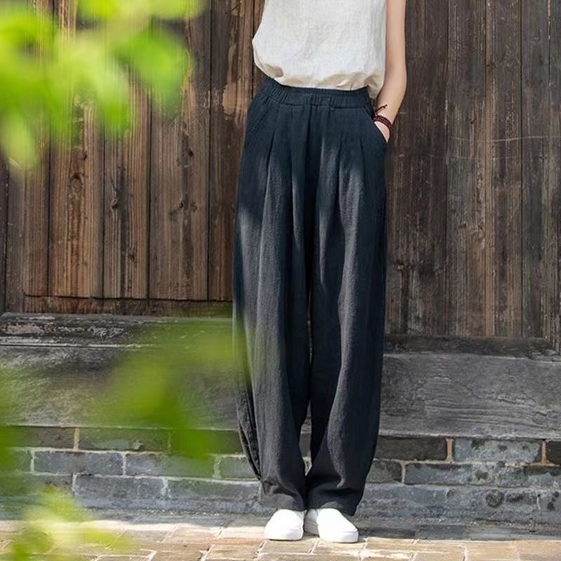 Damen weite Leinenhose mit elastischem Bund und seitlichen Taschen R&B