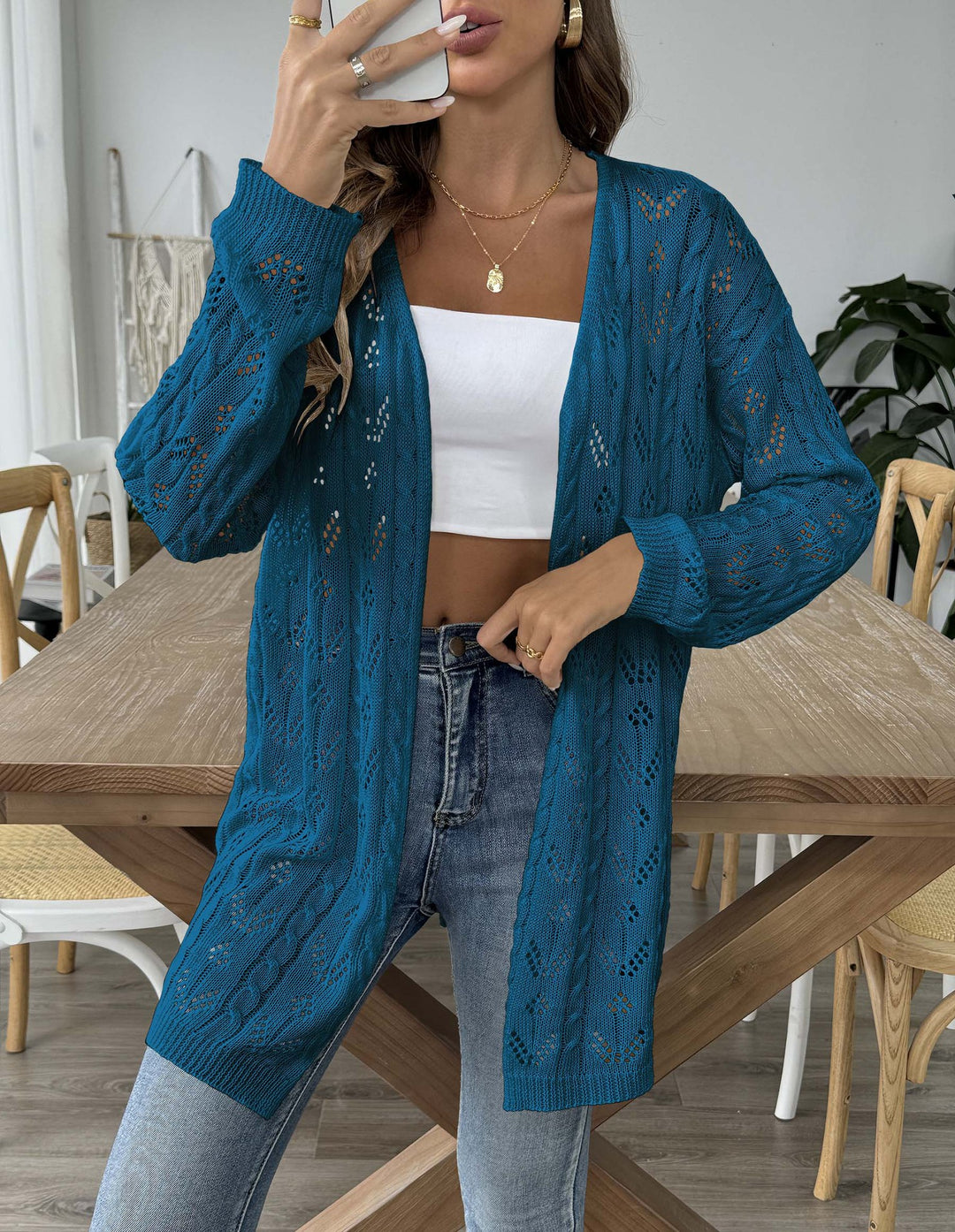 Damen luftiger Strickcardigan mit filigranem Lochmuster R&B