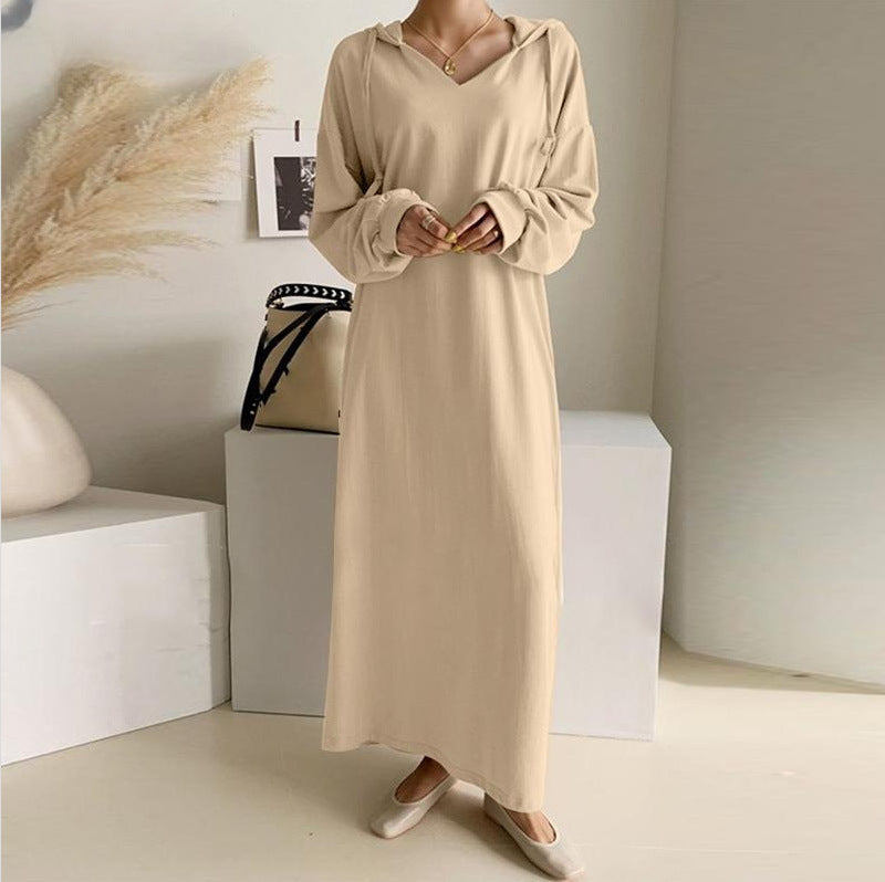 Damen nan lässiges Kapuzen-Maxikleid mit V-Ausschnitt, langen Ärmeln, lockerem geradem Schnitt und elastischen Bündchen R&B