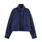Damen modische Denimjacke mit hohem Kragen und seitlichen Taschen R&B