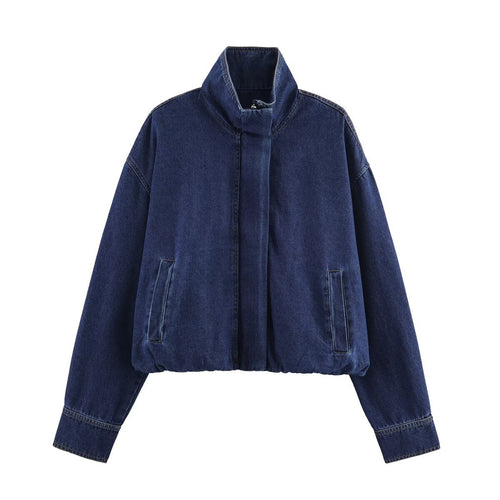 Damen modische Denimjacke mit hohem Kragen und seitlichen Taschen R&B