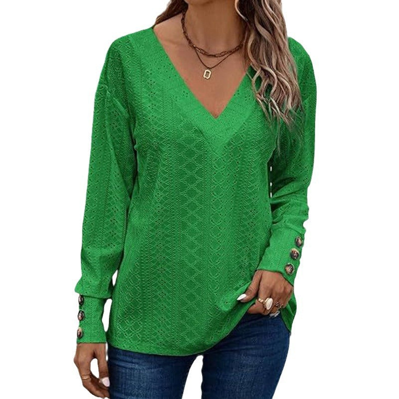Damen V-Ausschnitt Bluse mit gehäkelter Struktur und langen Ärmeln R&B