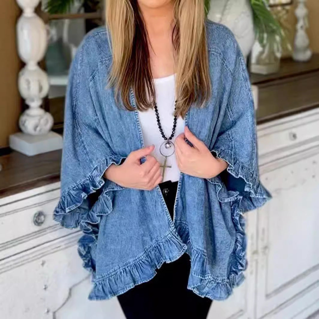Damen lässiger Jeans-Cape mit voluminösen Rüschendetails R&B