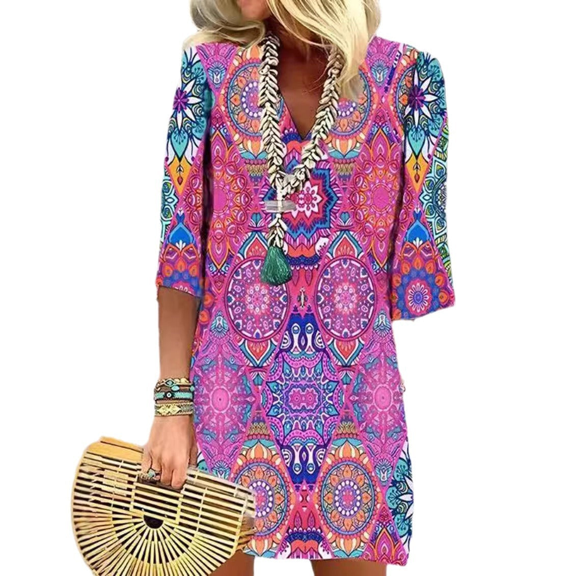 Damen Blusenkleid mit buntem mandala-inspiriertem Design und V-Ausschnitt R&B