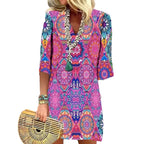 Damen nan kurzes Boho Strandkleid im Mandala-Print mit V-Ausschnitt, dreiviertel-Ärmeln und legerer A-Linie R&B