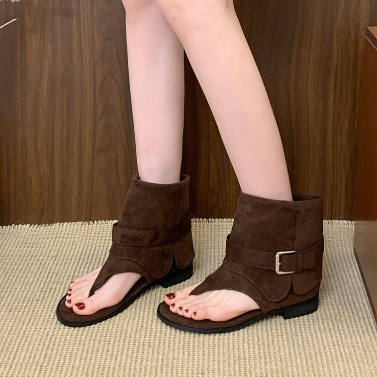 Damen modische Zehentrenner-Stiefeletten mit breitem Riemen und elegantem Schnallenverschluss R&B
