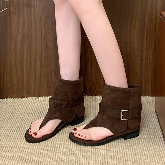 Damen modische Zehentrenner-Stiefeletten mit breitem Riemen und elegantem Schnallenverschluss R&B