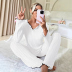 Damen Gemütlicher zweiteiliger Pyjama mit kontrastierenden Rüschen R&B