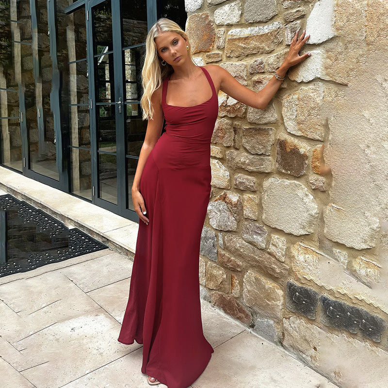 Damen elegantes Maxikleid mit verführerischem Ausschnitt und fließendem Rock R&B