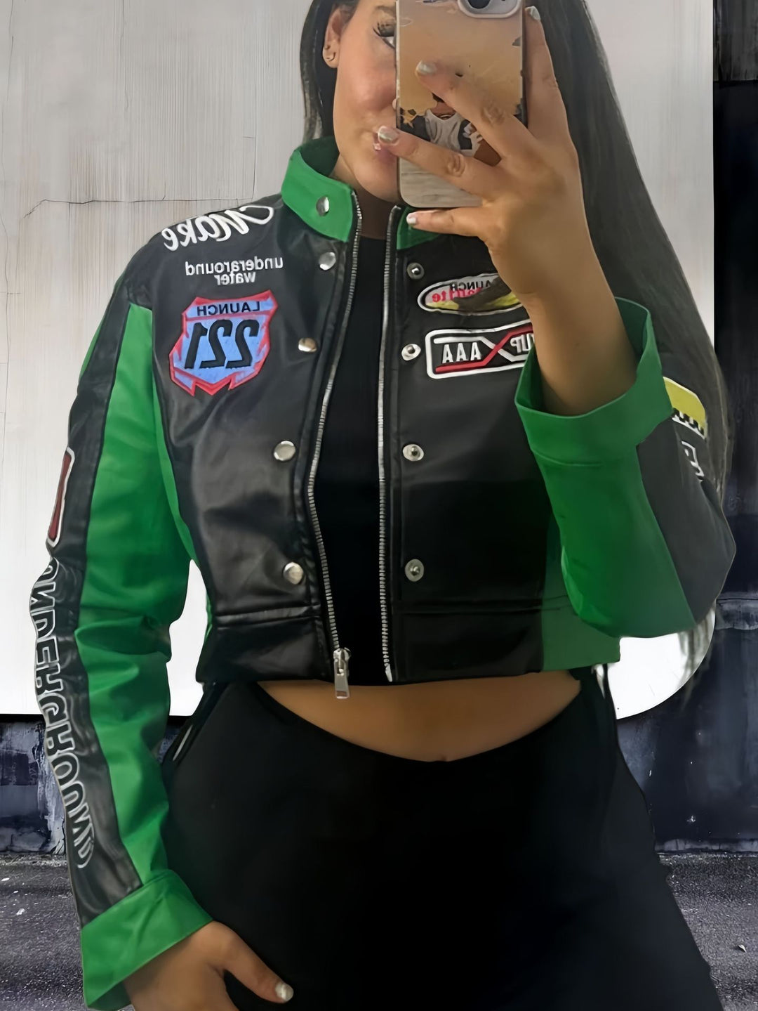 Damen trendige cropped Bikerjacke mit sportlichen Patches R&B