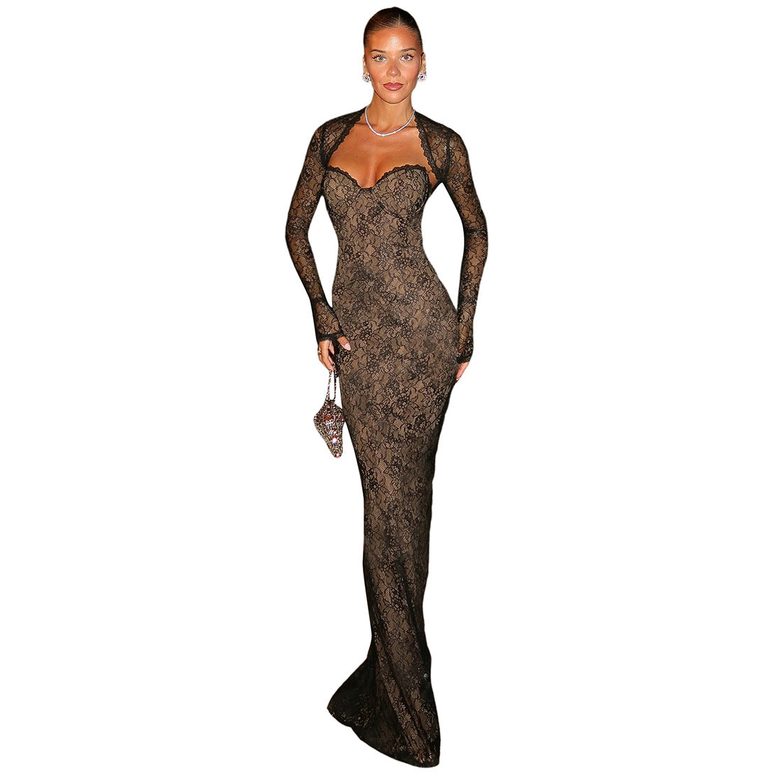 Damen Elegantes langes Spitzenkleid mit herzförmigem Ausschnitt und figurbetonendem Schnitt R&B