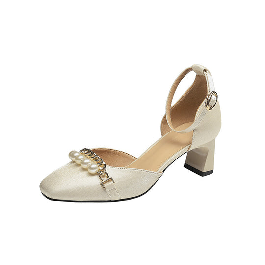 Damen elegante Mary Jane Pumps mit modischem Perlen- und Kettendetail R&B