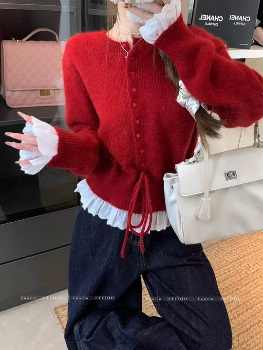 Damen kuscheliger Strickjacke mit fransigen Details und Bändchen R&B