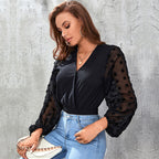 Damen Eleganter Body mit transparenten Puffärmeln und V-Ausschnitt R&B