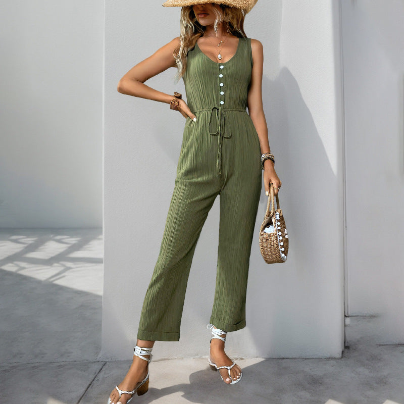 Damen eleganter Jumpsuit mit Knopfleiste und taillierbarem Gürtel R&B