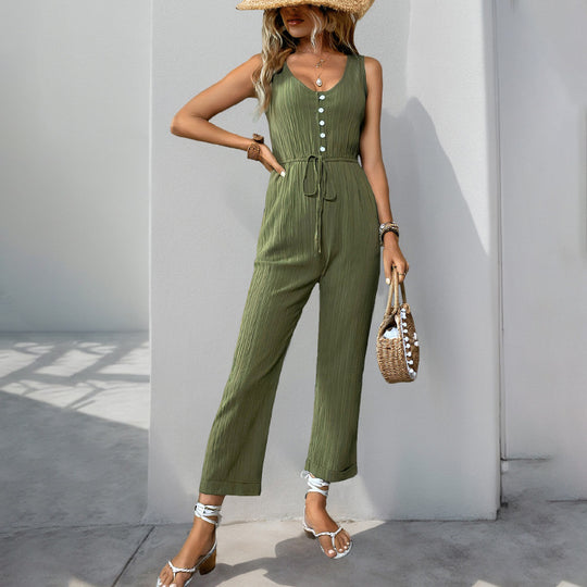 Damen eleganter Jumpsuit mit Knopfleiste und taillierbarem Gürtel R&B