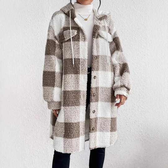 Damen Plüschige Karojacke im Oversized-Stil mit Knopfleiste R&B