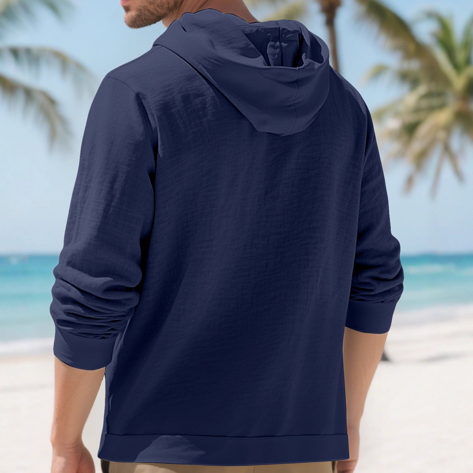Herren nan leichtes Kapuzen-Übershirt im Crinkle-Look mit Holzknopfleiste und Kängurutasche R&B