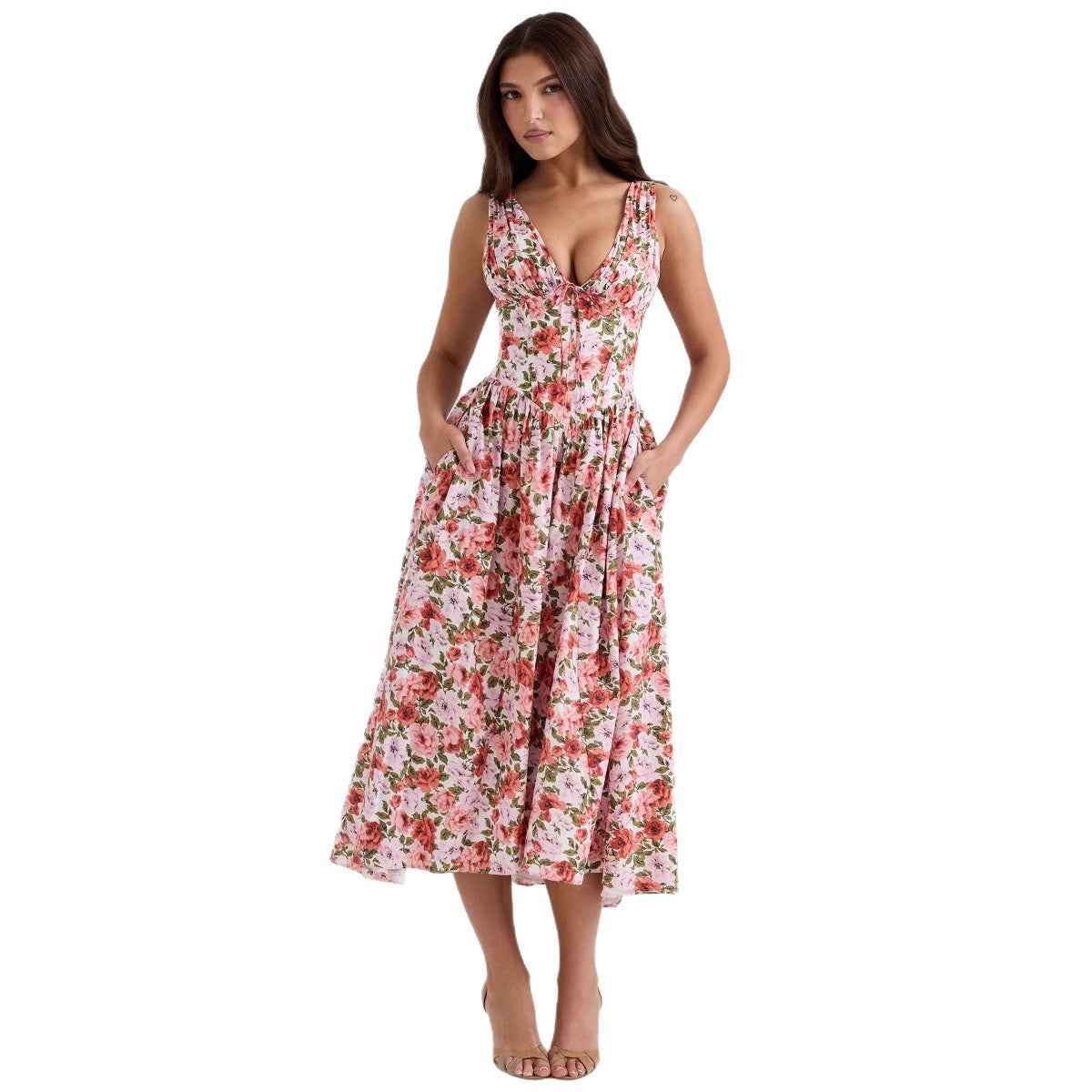 Damen Maxikleid mit floralem Design und praktischen Taschen R&B