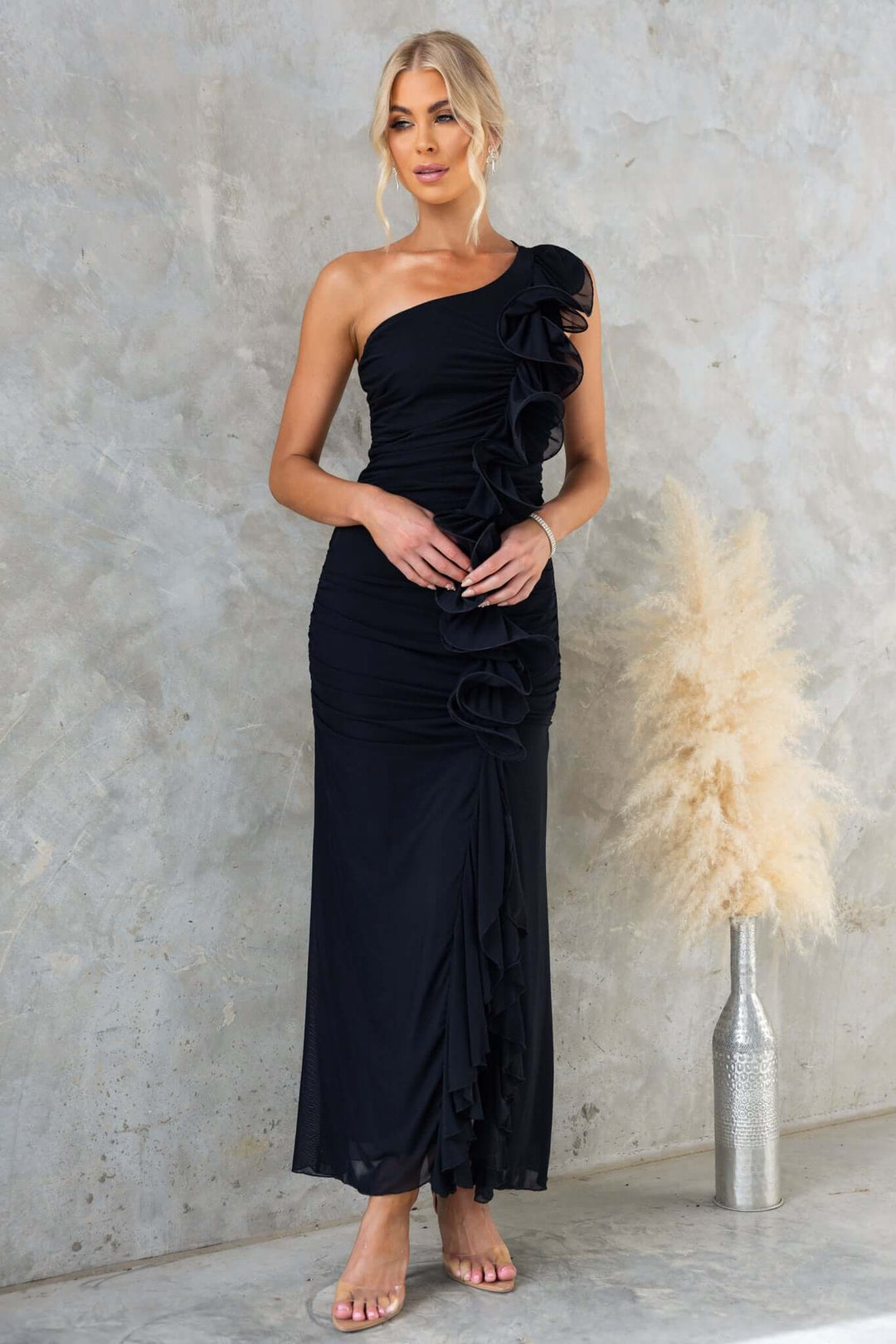 Damen Elegantes Rüschen-Maxi-Kleid im Stile einer Seite mit hohem Schlitz R&B