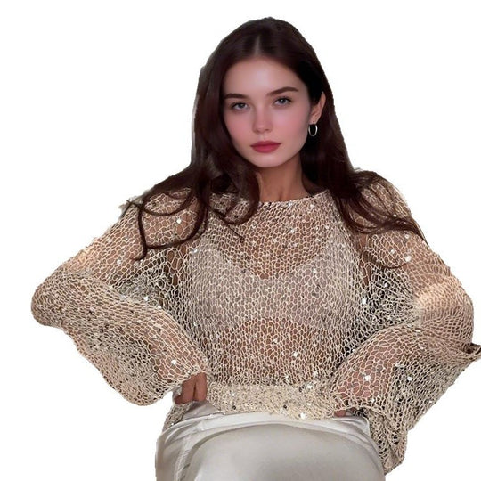 Damen lässiger Knit-Pullover mit transparentem Design R&B