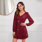 Damen Glitzerndes Cocktailkleid mit V-Ausschnitt und langen Ärmeln R&B