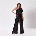 Damen Einseitiger Pailletten Jumpsuit mit Weiter Hose Heidi-Mode
